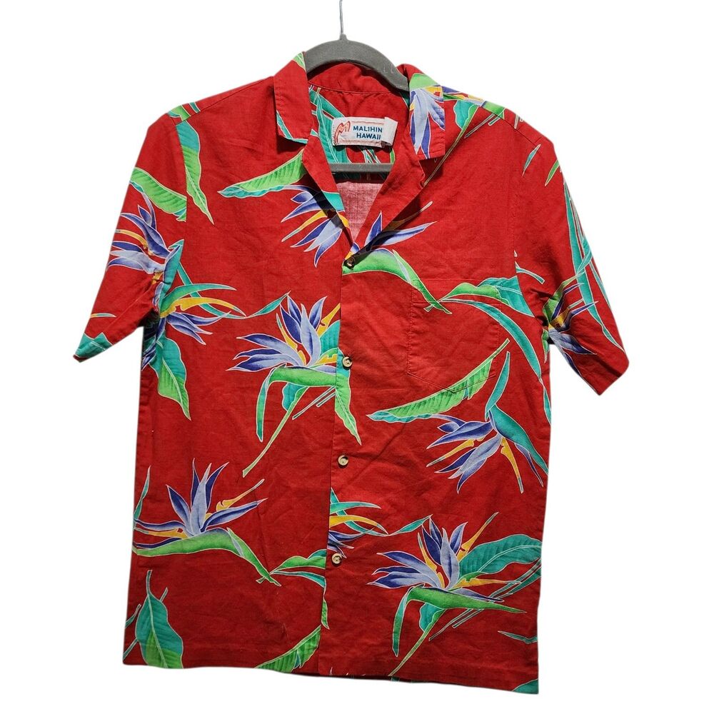 Vintage Malihini Hawaii Red Aloha Shirt Birds of Paradise‎ Floral Men’s M